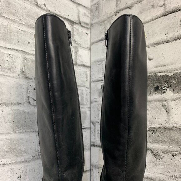 Vintage Black Leather Exposed Gold Zipper Block Heel Knee High Tall Boots - Picture 8 of 10